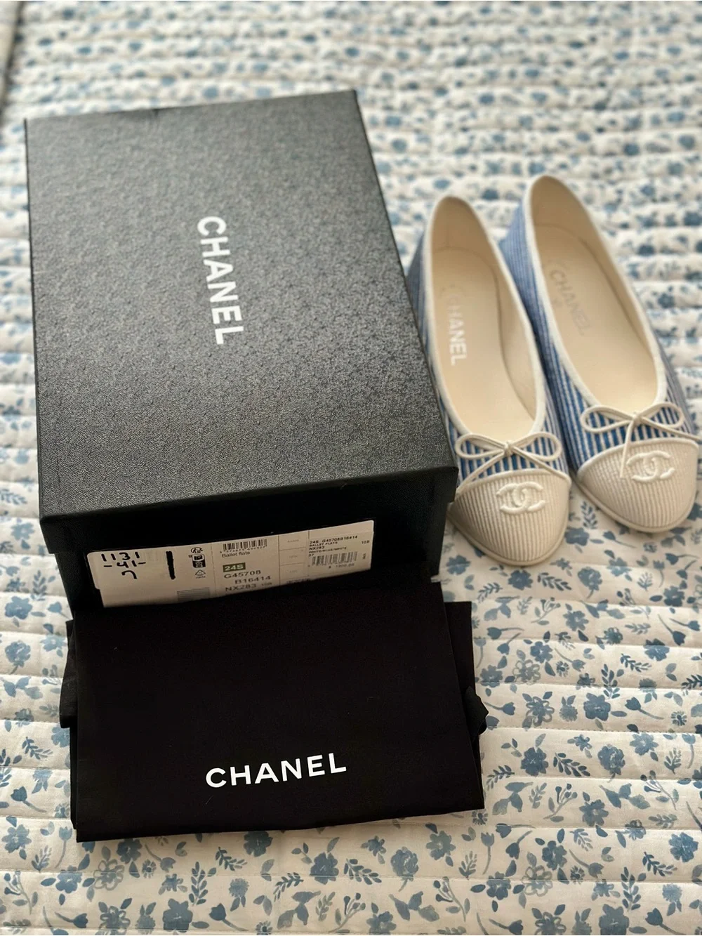 CHANEL Blue Striped and Cream Cap-Toe Ballet Flats
